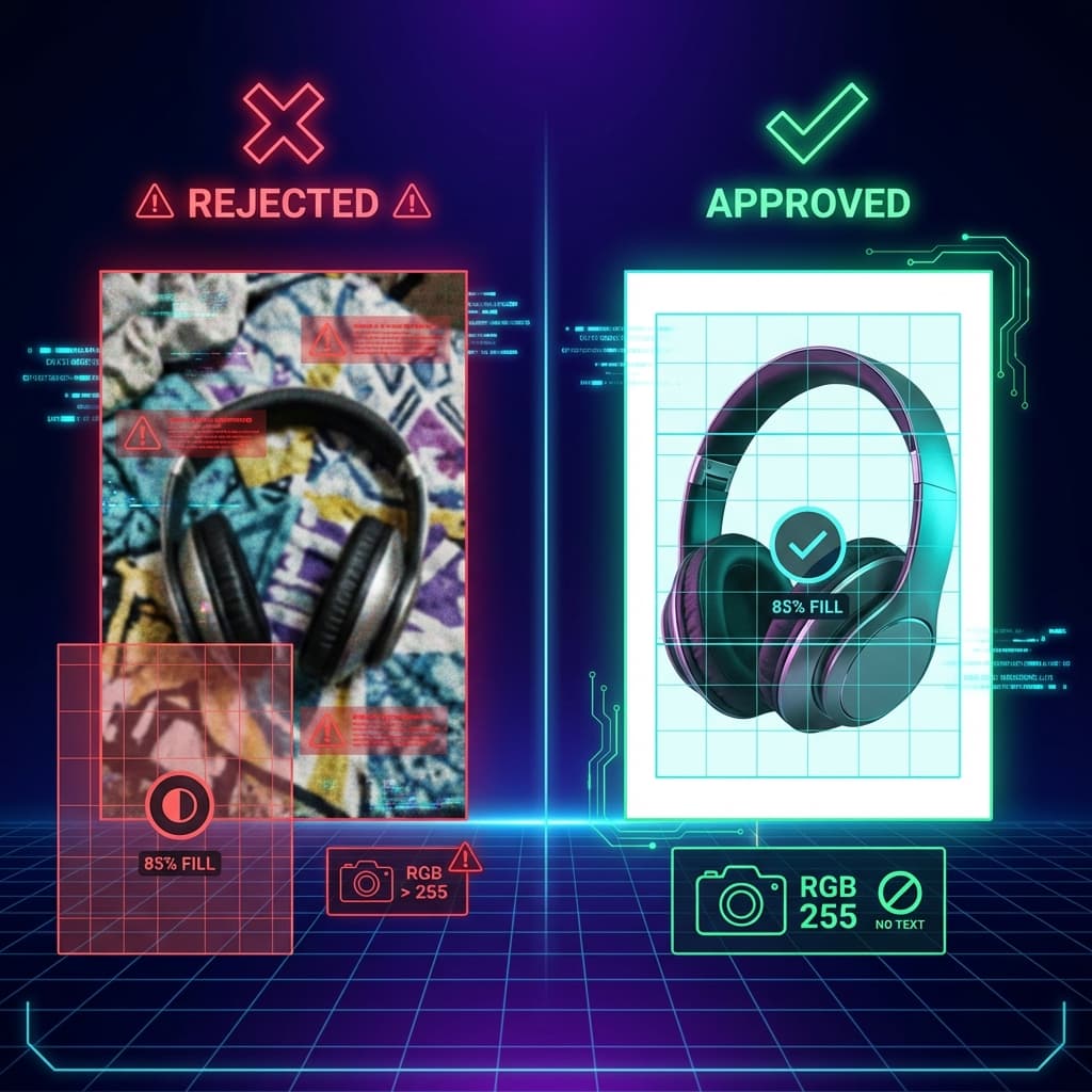 Amazon main image rules 2026: visual showing compliant vs suppressed listing examples