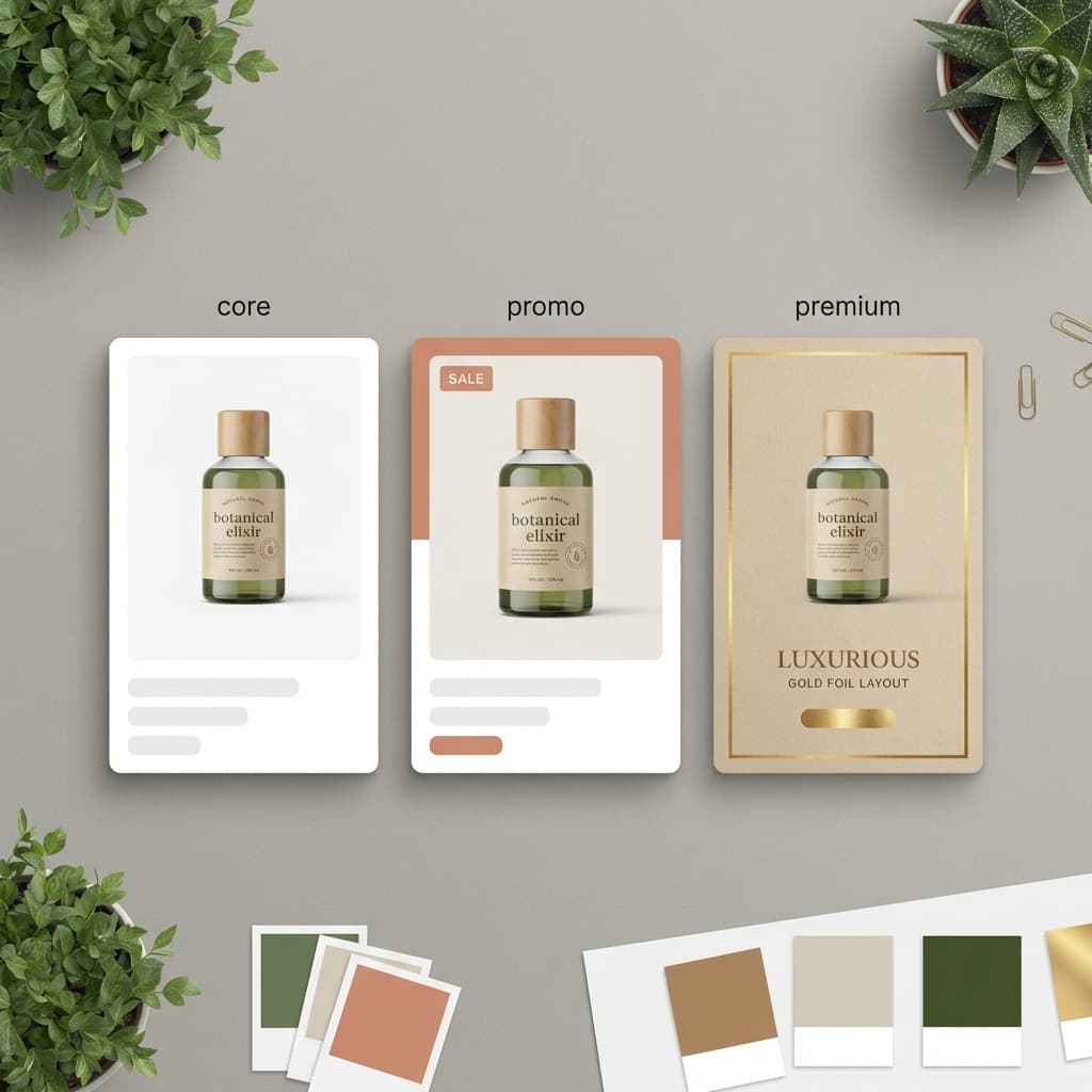 Three reusable frame templates applied to one product