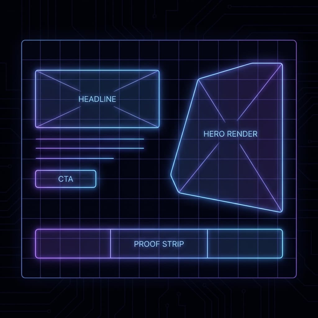Wireframe grid showing the above-the-fold hero layout
